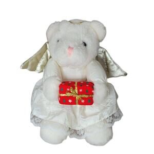 Christmas Plush Angel Bear Wings Halo Gift Nylon Vintage Holiday Stuffed Animal